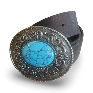 Chocolate Brown Leather Belt  with Turquoise Silver Buckle